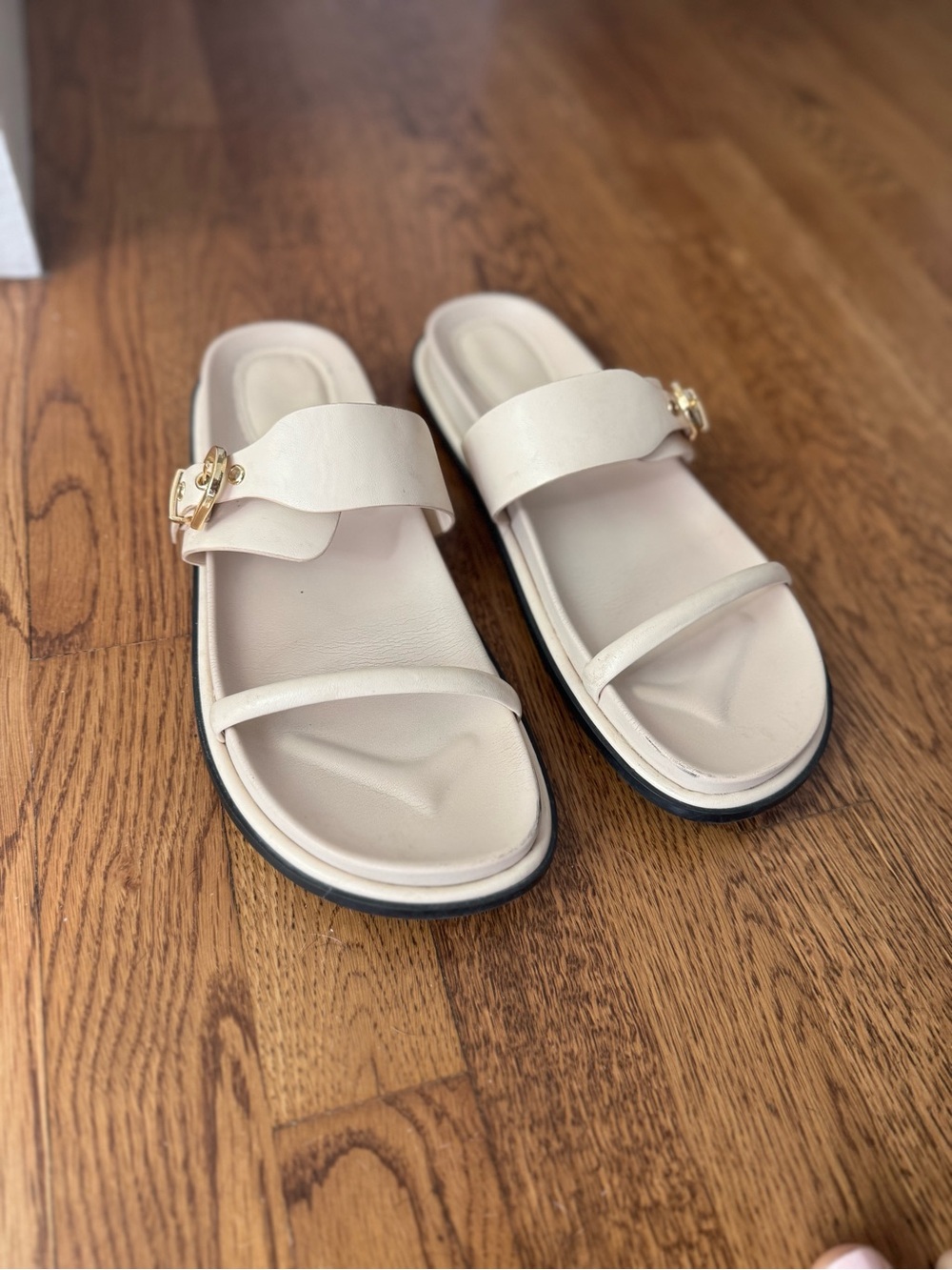 Zara Cream Double-Strap Buckle Slide Sandals